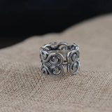 S925 Sterling Silver Vintage Thai Silver Inlaid Black Agate Ring Men and Women Hollow Pattern Wide Couple Rings Silver Ring - GQTORCH Jewelry