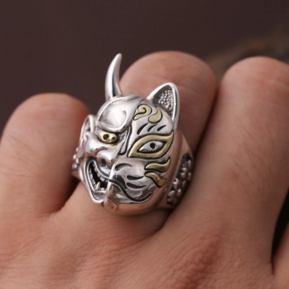 Real Solid 925 Sterling Silver Hannya Mask Ring for Men Retro Vintage Cool Big Mens Biker Ring Buddhism Jewelry - GQTORCH Jewelry