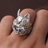 Real Solid 925 Sterling Silver Hannya Mask Ring for Men Retro Vintage Cool Big Mens Biker Ring Buddhism Jewelry - GQTORCH Jewelry