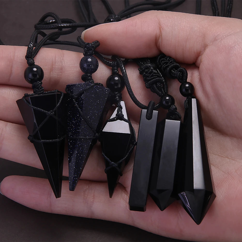 Natural Stone Geometric Pendant Necklace for Men Black Obsidian Blue Sandstone Adjusted Leather Rope Retro Vintage Jewelry