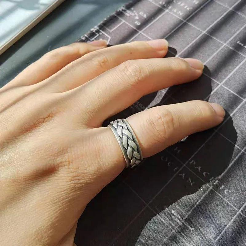 Real 925 Sterling Silver Rings For Men And Women Rotating Ring Matte Braided Type Twisted Rope Retro Antique Style - GQTORCH Jewelry
