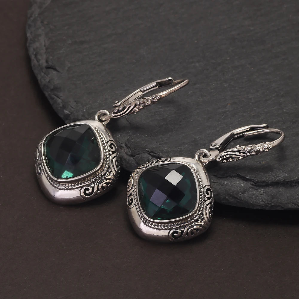 Handmade 925 Sterling Silver Women's Ethnic Jewelry Set Man-made Emerald Ring Earrings Pendant Fashion Vintage Style Jewelry