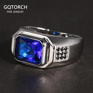 Simple Man Rings Blue Cubic Zirconia Stone Real 925 Sterling Silver Wedding Ring For Men Big Size 11 Vintage Jewelry Wholesale - GQTORCH Jewelry
