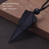 Natural Stone Geometric Pendant Necklace for Men Black Obsidian Blue Sandstone Adjusted Leather Rope Retro Vintage Jewelry