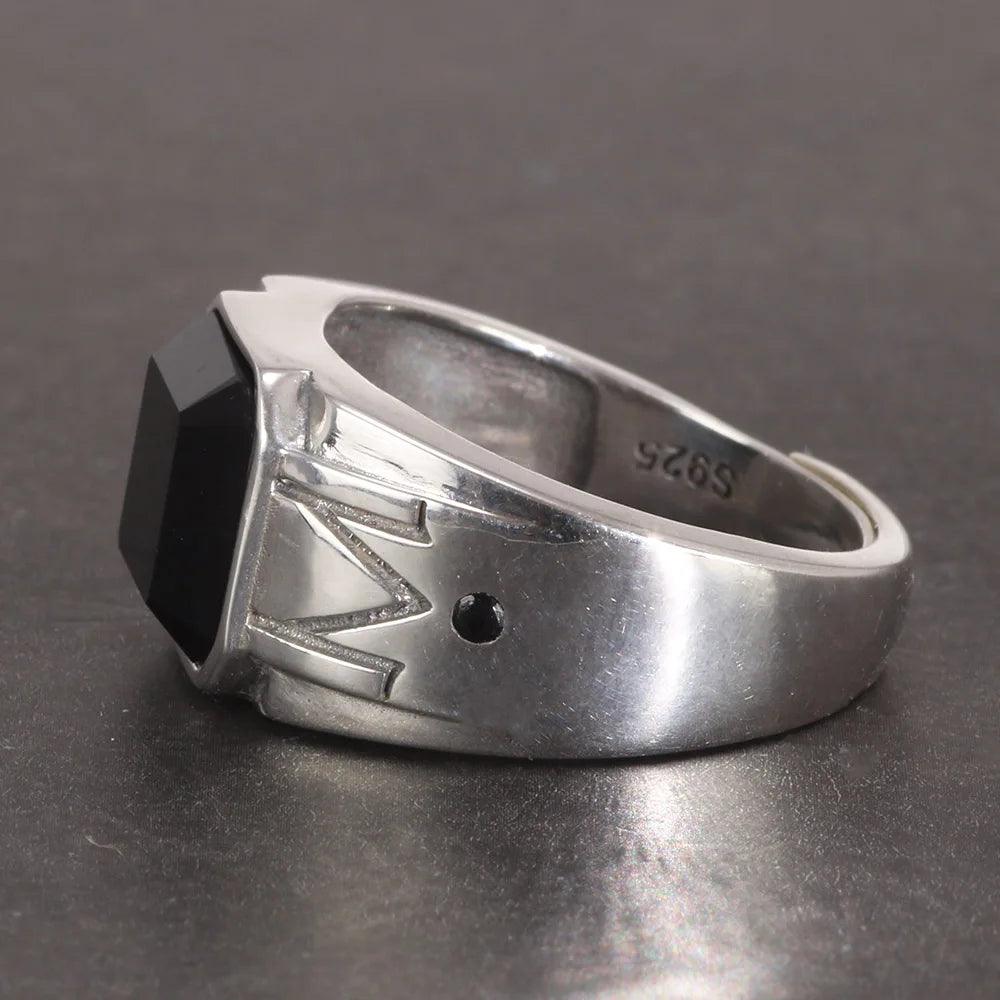 Solid 925 Sterling Silver Vintage Punk Simple Boys Ring with Natural Black Onyx Square Stone Carving Pattern Silver Jewelry - GQTORCH Jewelry