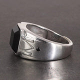 Solid 925 Sterling Silver Vintage Punk Simple Boys Ring with Natural Black Onyx Square Stone Carving Pattern Silver Jewelry - GQTORCH Jewelry