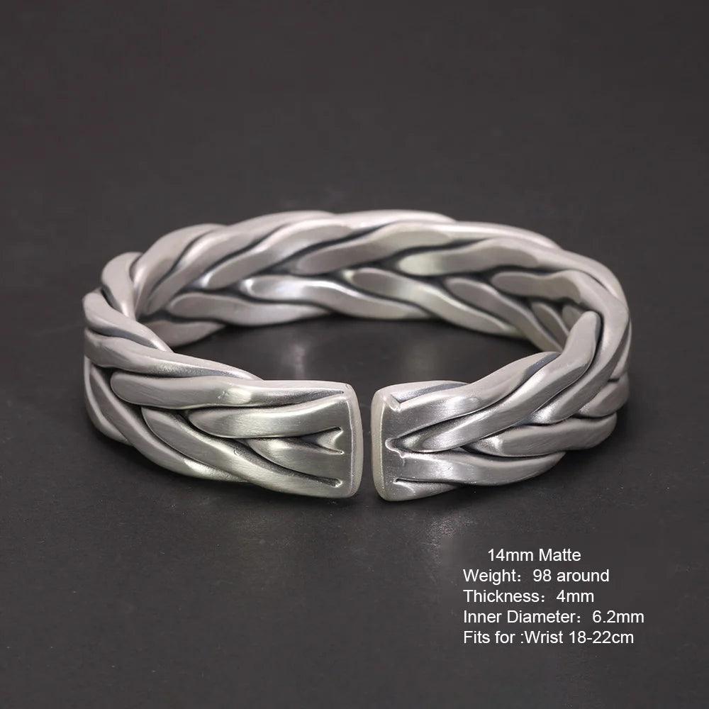 Heavy 999 Sterling Silver Braided Bracelet For Men Retro Solid Thick Handmade Viking Jewelry Opening Adjustable - GQTORCH Jewelry