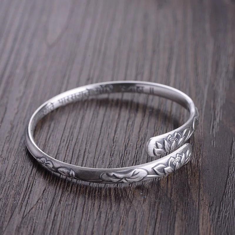 Real Pure 999 Sterling Silver Lotus Cuff Bracelet For Women Flower Engraving Buddhist Jewelry - GQTORCH Jewelry