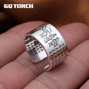 Solid 999 Sterling Silver Sanskrit Buddhist Mantra Rings Wide For Men And Women Six Words Sutra Signet Rings Prayer Jewelry - GQTORCH Jewelry