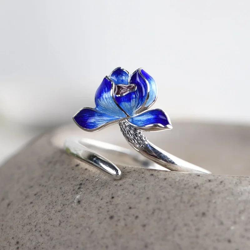 Real 925 Sterling Silver Lotus Open Rings for Women Enameling Flower Finger Ring Resizable Fine Jewelry - GQTORCH Jewelry