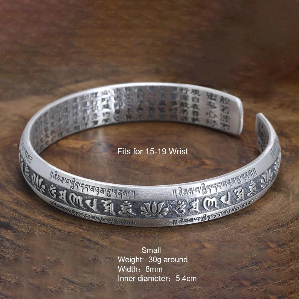 Real 999 Pure Silver Cuff Bangle Engraved Heart Sutra Six-character Mantra Retro Lovers Men's and Women's Bracelets Open Type - GQTORCH Jewelry