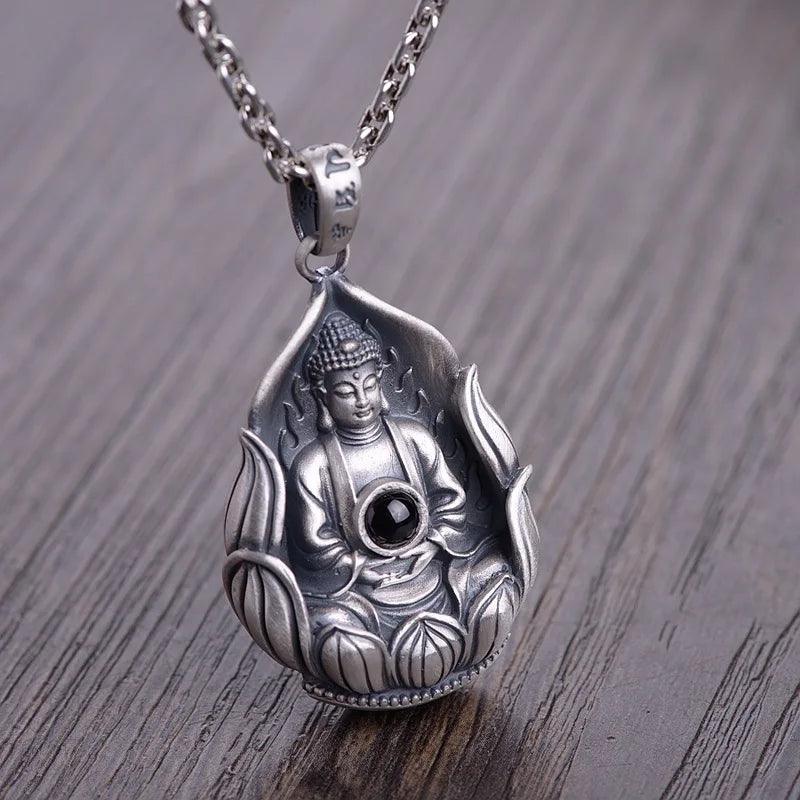 Real 999 Sterling Silver Guanyin Sits on Lotus Milefo Inside The Lens Buddha Mantra Pendant Retro Amulets Six Words Engraved - GQTORCH Jewelry