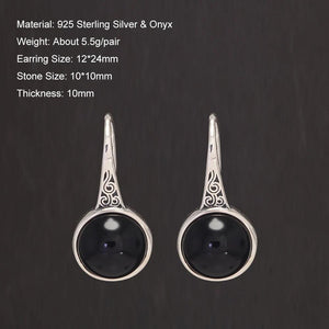 Stamped 925 Sterling Silver Black Onyx Drop Earrings for Women Round Natural Stone Simple Vintage Earrings Fashion Fine Jewelry - GQTORCH Jewelry