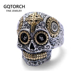 Real Solid 925 Sterling Silver Sugar Skull Rings For Men Mexican Rings Retro Gold Color Cross Sun Flower Engraved Punk Jewelry - GQTORCH Jewelry