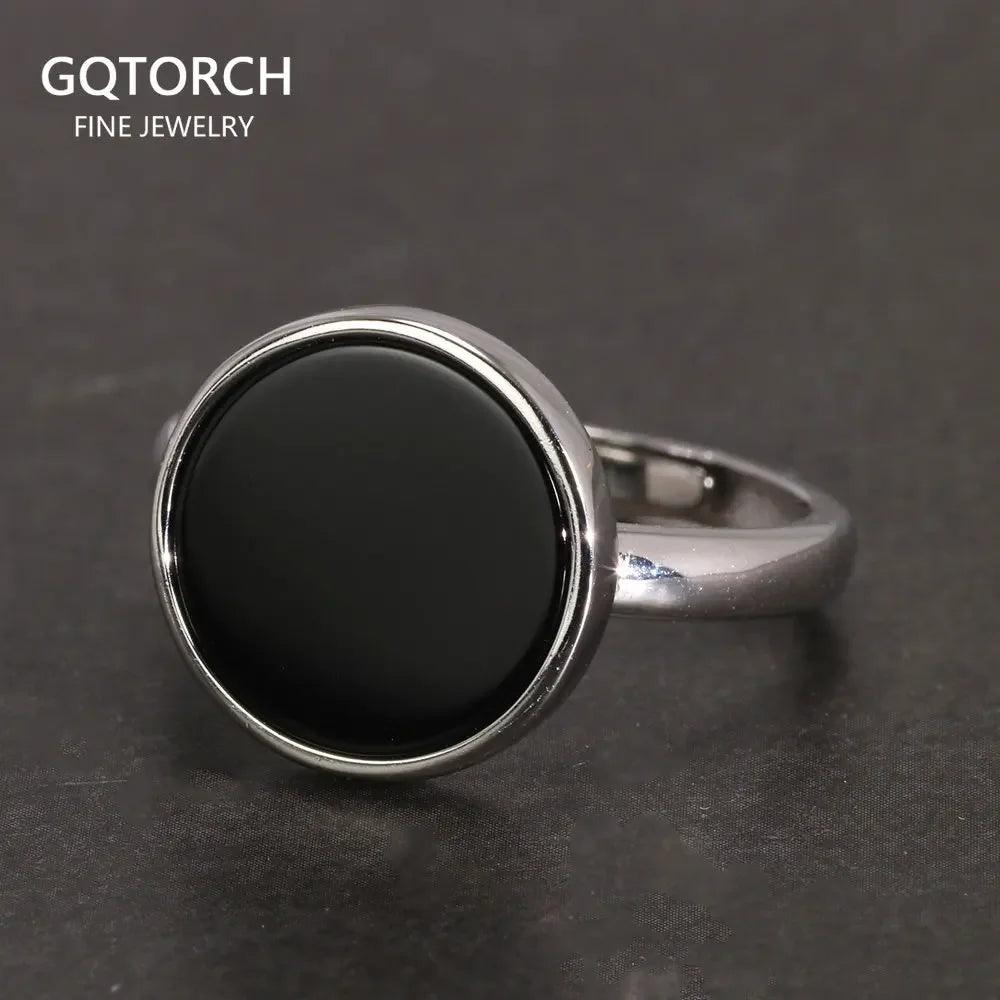 Real 925 Sterling Silver Ring Simple Round Ring Turkish Black Onyx Shell Minimalist Adjustable Jewelry for Men and Women - GQTORCH Jewelry