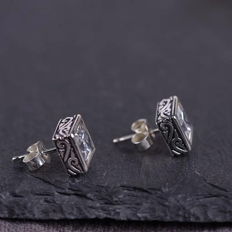 S925 Sterling Silver Vintage Craft Black Agatestud Earrings Women Simple Square Zircon Earrings Thai Silver Jewelry - GQTORCH Jewelry