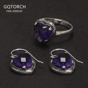 Real S925 Sterling Silver Natural Amethyst Heart Ring Drop Earrings for Women Girl Vintage Fashion Jewelry Set - GQTORCH Jewelry