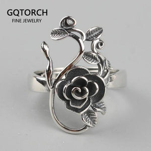 Vintage Real Pure 925 Sterling Silver Branches Rose Flowers Rings For Women Thai Silver Adjustable Elegant Jewelry Ring - GQTORCH Jewelry