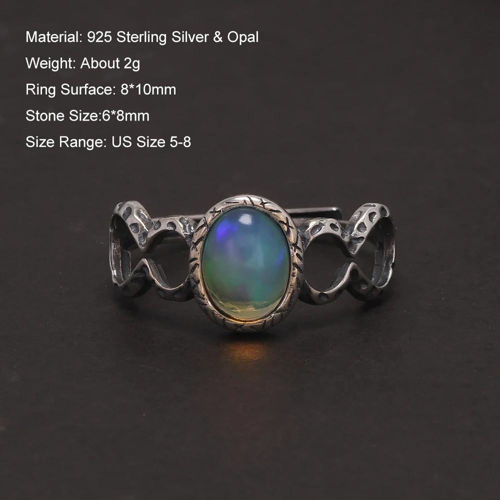Womens Oval Opal Ring Sterling Silver 925 Retro Style Fulu Gourd Open Rings Light Weight Stackable Fashionable Jewelry - GQTORCH Jewelry