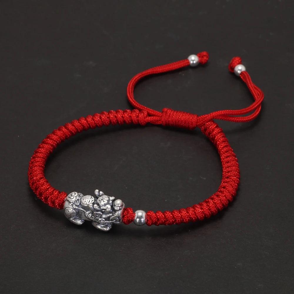 Hand braided Lucky Red Rope Bracelet 999 Sterling Silver 3D Pixiu Tibetan Buddhist Knot Adjustable Charm Bracelet - GQTORCH Jewelry