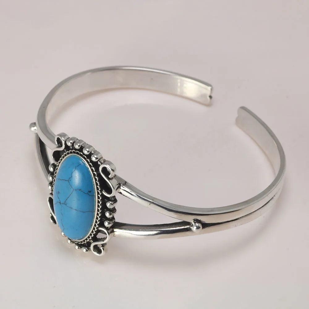 Real 925 Sterling Silver Bella Bangle Adjustable Open Cuff Bracelet With Natural Turquoise Stone Vintage Twilight Jewelry - GQTORCH Jewelry