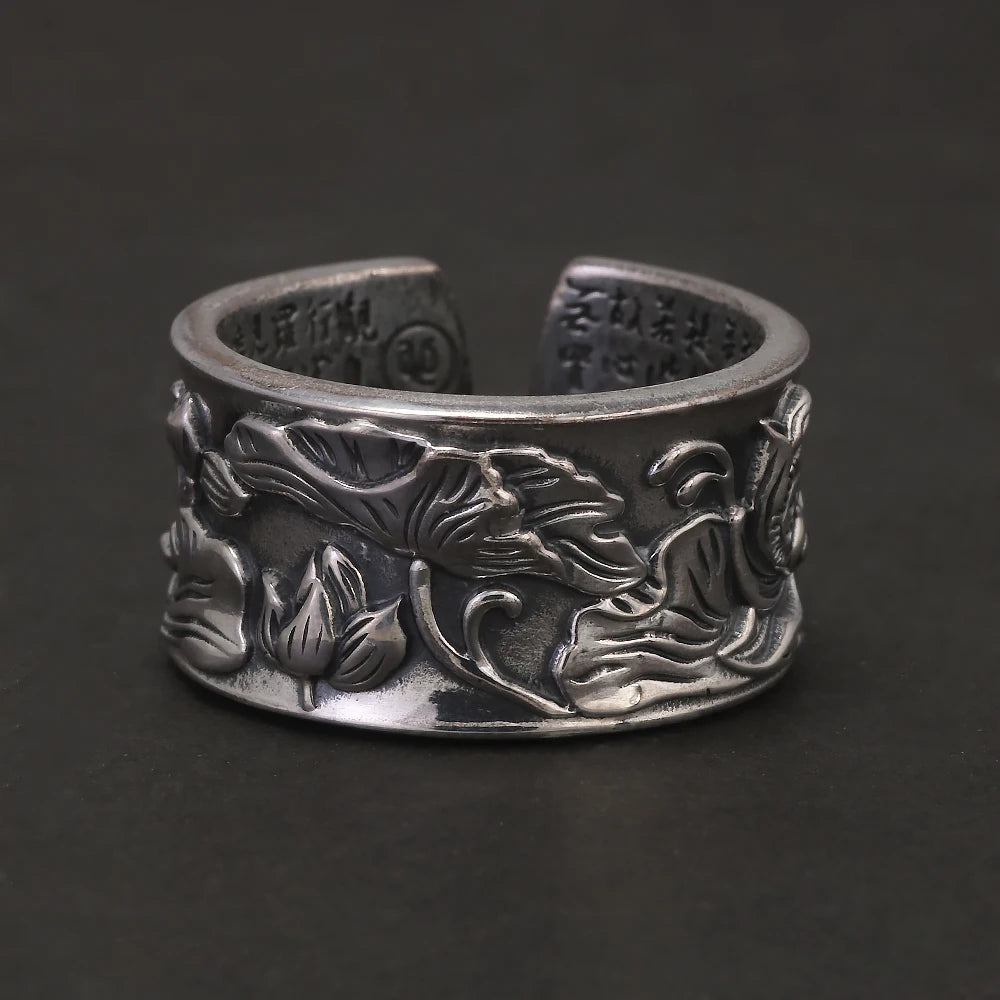 999 Pure Silver Lotus Ring Heart Sutra Engraved Adjustable Men Women Lucky Runes Vintage Retro Buddhism Jewelry