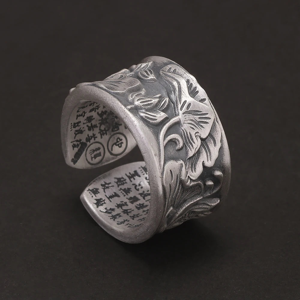 999 Pure Silver Lotus Ring Heart Sutra Engraved Adjustable Men Women Lucky Runes Vintage Retro Buddhism Jewelry