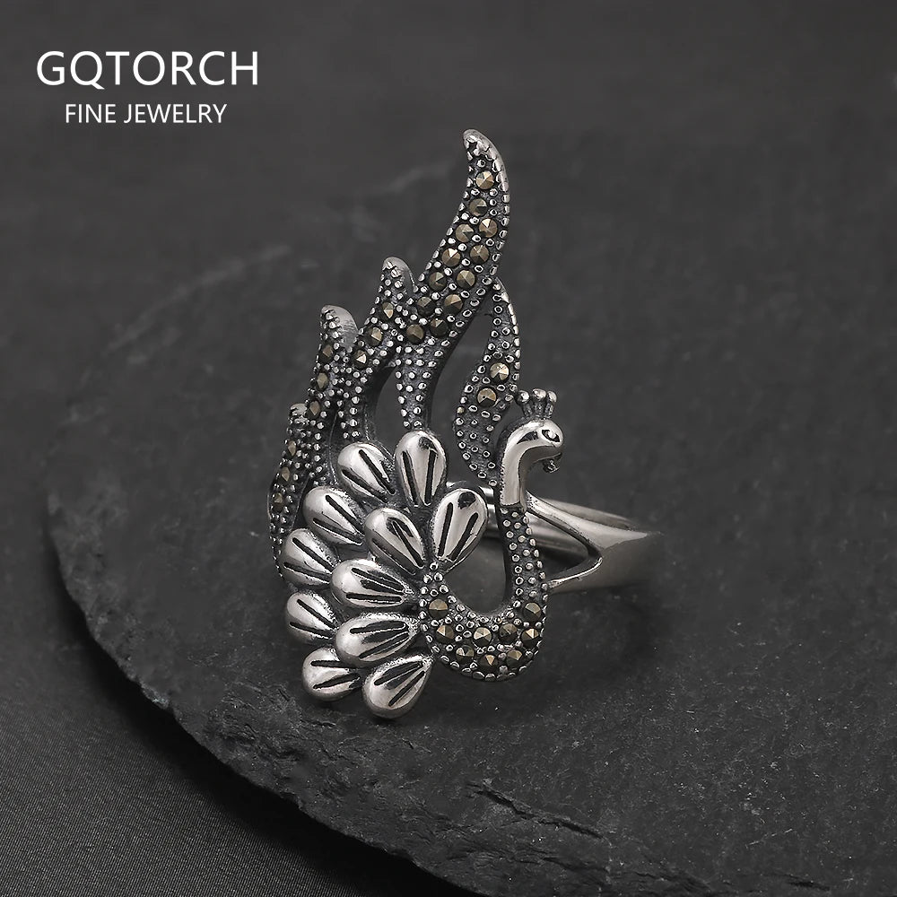 925 Sterling Silver Vintage Peacock Ring for Women Micro Inlaid Hematite Ethnic Style Party Jewelry Gift for Lady Mom
