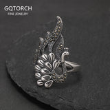 925 Sterling Silver Vintage Peacock Ring for Women Micro Inlaid Hematite Ethnic Style Party Jewelry Gift for Lady Mom
