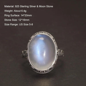 Stamped 925 Sterling Silver Moonstone Ring for Women 12*16mm Oval-Shaped Natural Gemstone Carved Flower Adjustable Vintage Ring - GQTORCH Jewelry