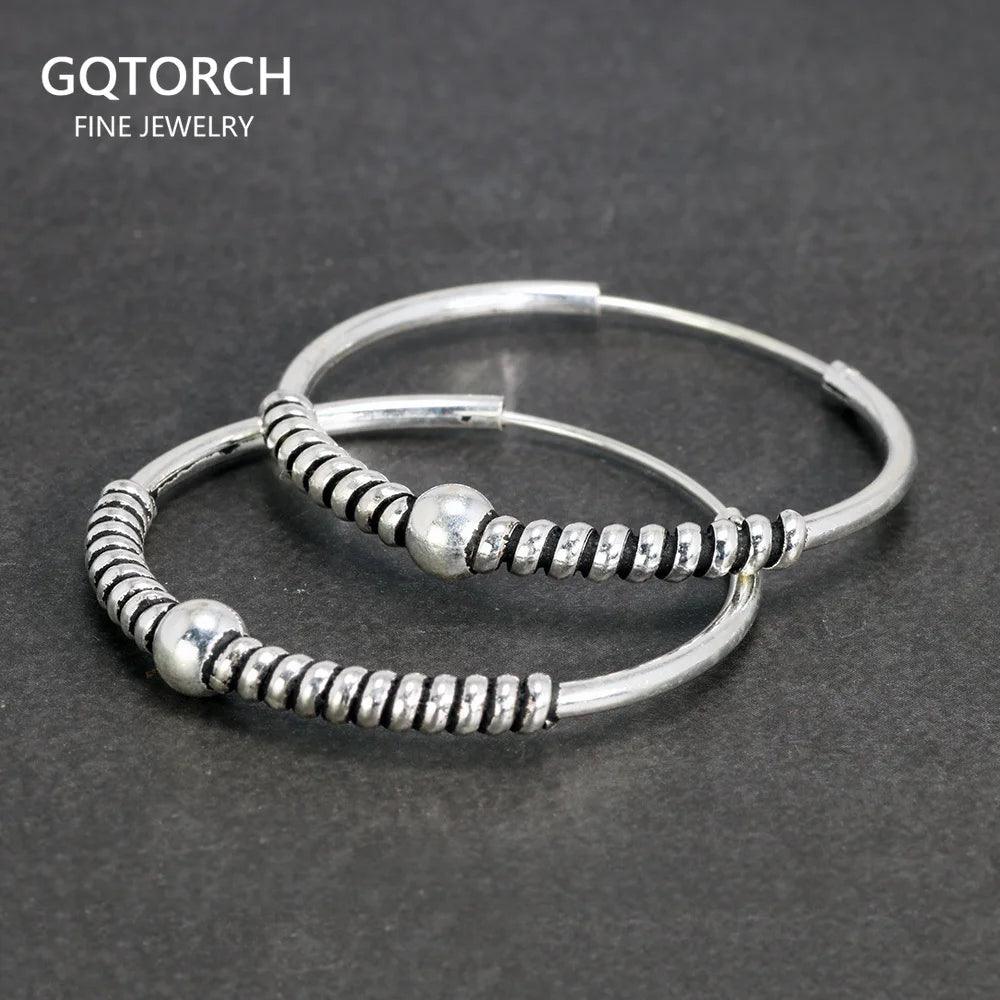 Real 925 Sterling Silver Round Earrings Fashion Hoop Circle Earrings With Coils Beads Handmade Jewelry Accessories - GQTORCH Jewelry
