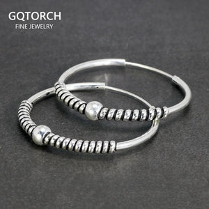 Real 925 Sterling Silver Round Earrings Fashion Hoop Circle Earrings With Coils Beads Handmade Jewelry Accessories - GQTORCH Jewelry
