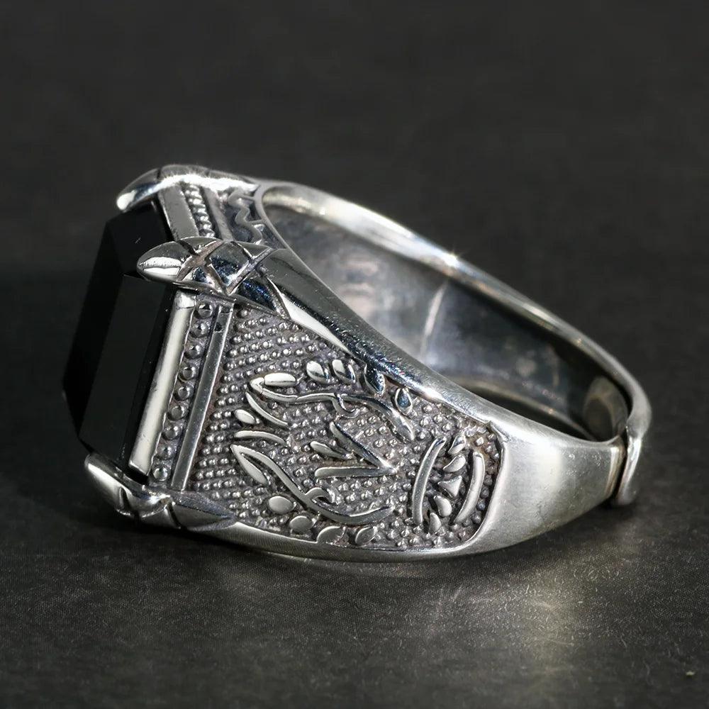 Real Solid 925 Sterling Silver Rings Claw Setting With Natural Onyx Stone For Men Retro Punk Resizable Biker Rings - GQTORCH Jewelry