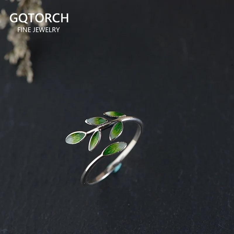 Real 925 Sterling Silver Green Enamel Leaf Ring Adjustable Ring Elegant Fine Jewelry For Women Party Accessories - GQTORCH Jewelry