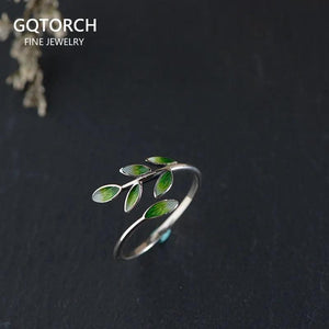 Real 925 Sterling Silver Green Enamel Leaf Ring Adjustable Ring Elegant Fine Jewelry For Women Party Accessories - GQTORCH Jewelry