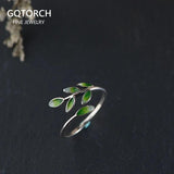Real 925 Sterling Silver Green Enamel Leaf Ring Adjustable Ring Elegant Fine Jewelry For Women Party Accessories - GQTORCH Jewelry