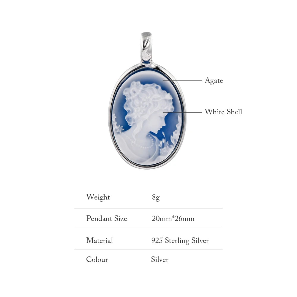 S925 Sterling Silver Natural Blue/Green Agate Goddess Oval Cameo Pendant Necklace for Women White Shell Trendy Elegant Vintage Jewelry