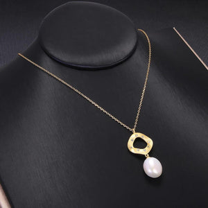 S925 Silver Gold Plated Pearl Necklace and Earrings Natural Freshwater Pearl Jewelry Set Matte Geometric Elegant Accessories - GQTORCH Jewelry