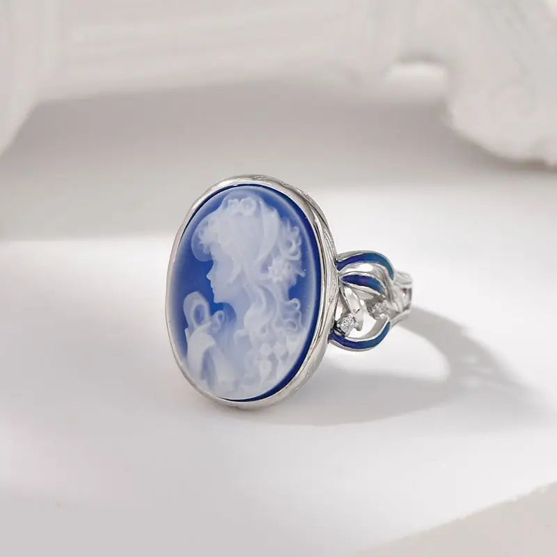 925 Sterling Silver Blue Agate Goddess Cameo Ring for Women White Shell Oval Shaped Fashion Statement Ring Vintage Jewelry