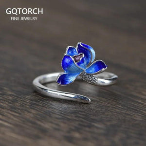 Real 925 Sterling Silver Lotus Open Rings for Women Enameling Flower Finger Ring Resizable Fine Jewelry - GQTORCH Jewelry
