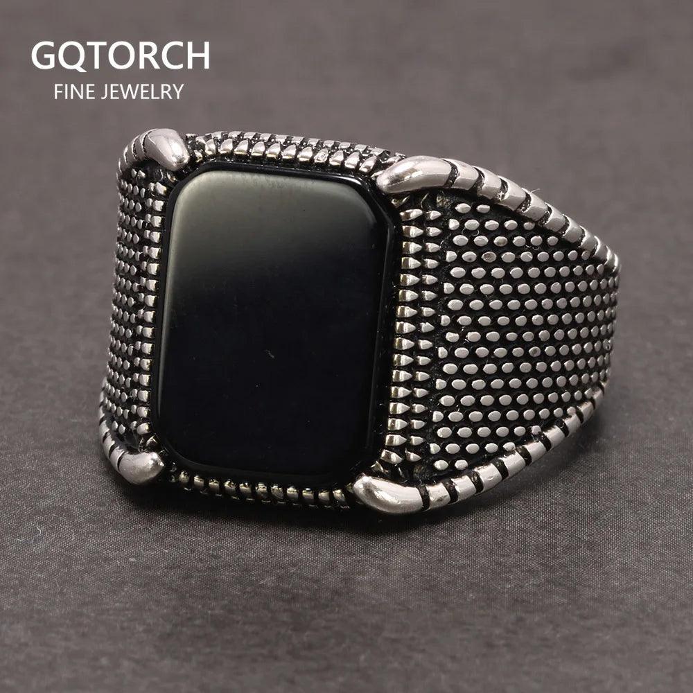 Real 925 Sterling Silver Mens Rings Black Natural Agate Stone With Claws Vintage Cool Fashion Turkey Jewelry - GQTORCH Jewelry
