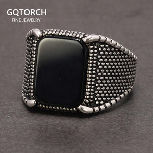 Real 925 Sterling Silver Mens Rings Black Natural Agate Stone With Claws Vintage Cool Fashion Turkey Jewelry - GQTORCH Jewelry