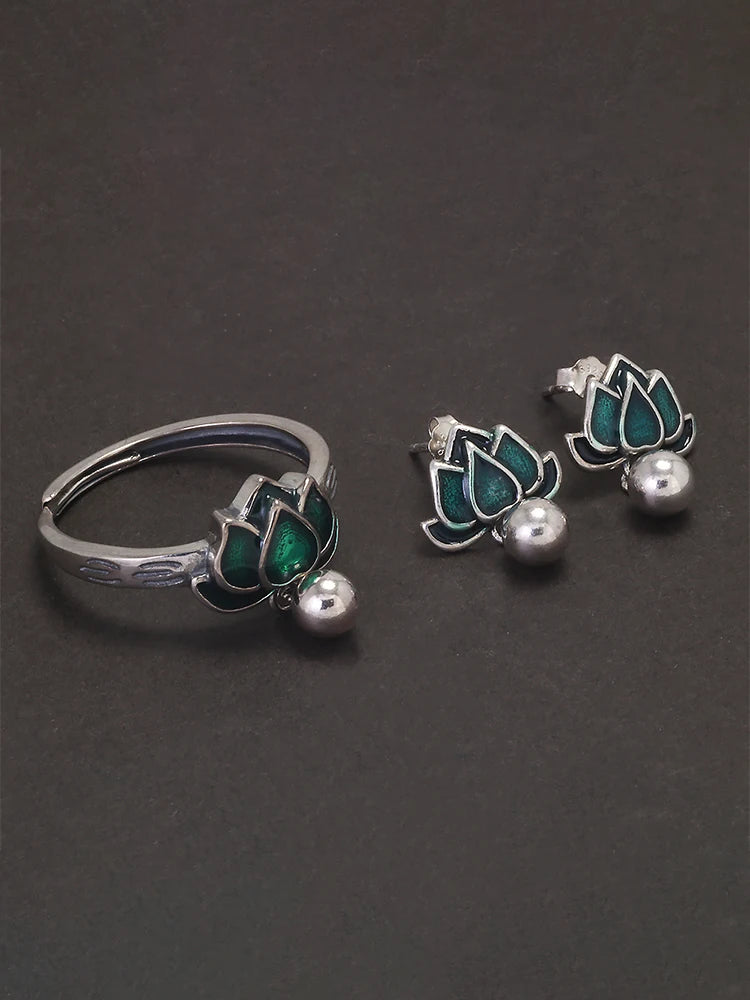 925 Sterling Silver Green Lotus Ring Earrings with Dangle Bead Enameled Women's Vintage Fashion Elegant Jewelry Set