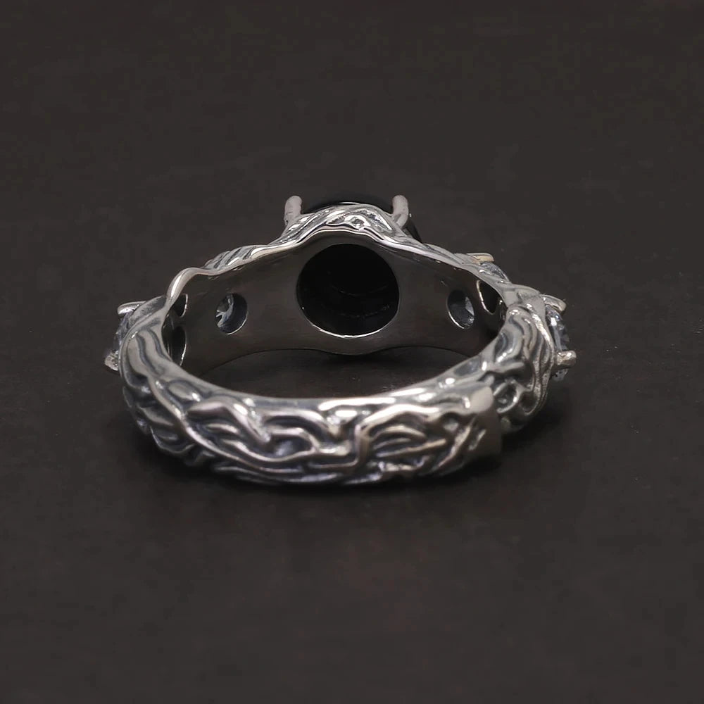 Vintage Round Black Onyx Engagement Ring for Women 925 Sterling Silver Natural Onyx Stone Zircon Adjustable High Quality Jewelry