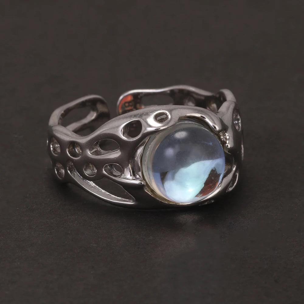 Authenic 925 Sterling Silver Opal Irregular Ring for Women Zircon Finger Rings Adjustable Vintage Y2K Fashion Jewelry