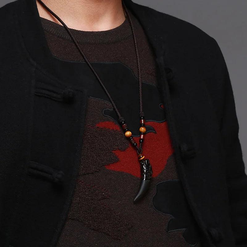 Natural Stone Black And Ice Obsidian Pendant Necklace Wolf Tooth Amulets And Talismans Couple Necklace For Women And Men - GQTORCH Jewelry