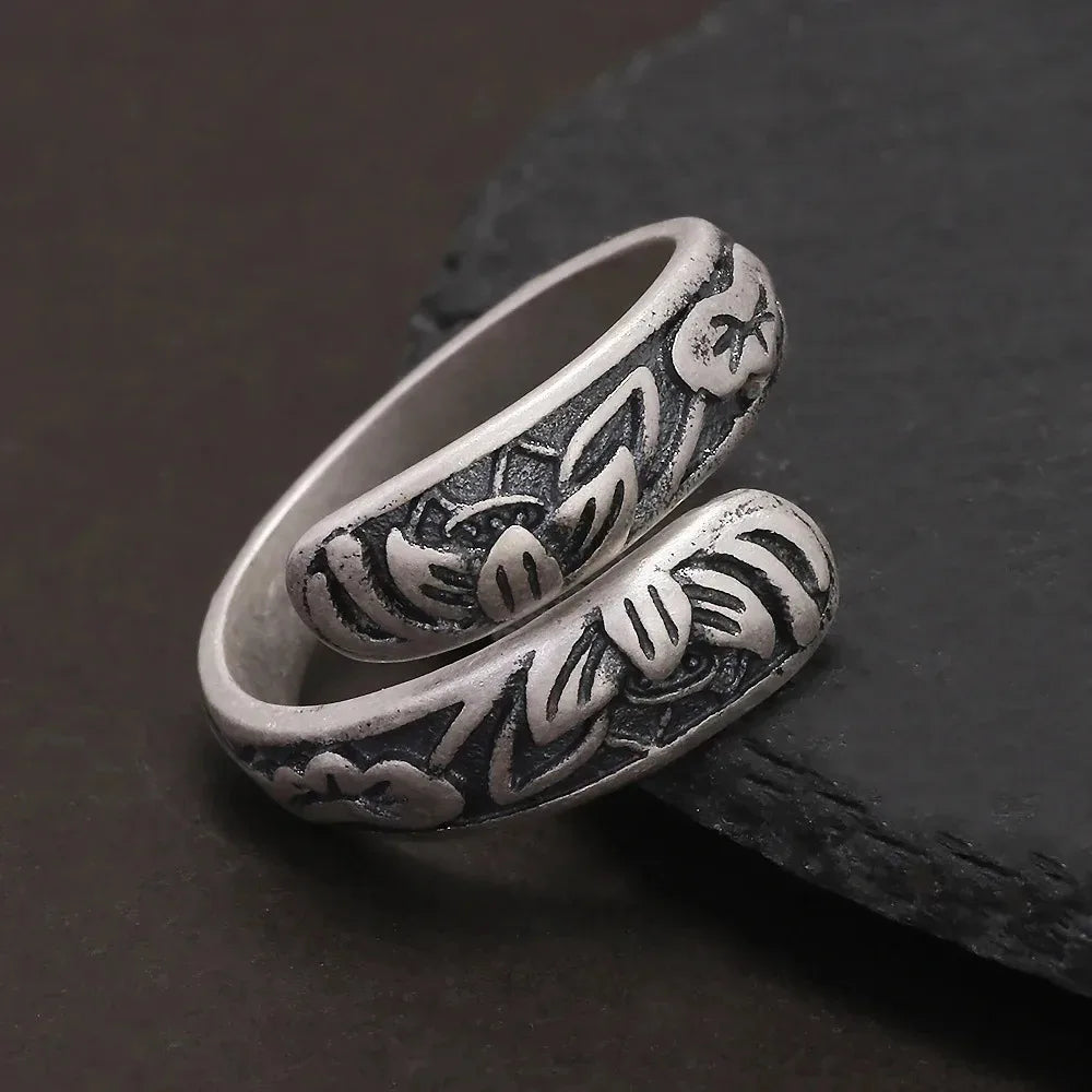 999 Pure Silver Retro Lotus Open Ring for Women Vintage Thai Silver Color Double Layer Adjustable Ethnic Female Jewelry Gift