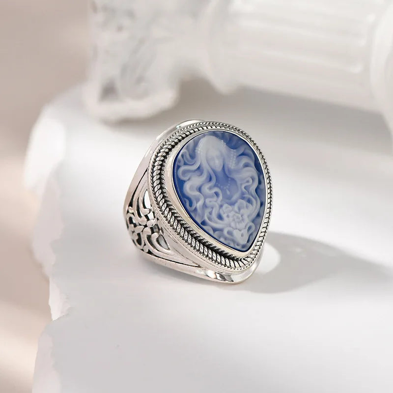 Genuine 925 Sterling Silver Blue Agate Medusa Cameo Ring for Women White Shell Statement Ring Vintage Fashion Party Jewelry