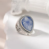 Genuine 925 Sterling Silver Blue Agate Medusa Cameo Ring for Women White Shell Statement Ring Vintage Fashion Party Jewelry