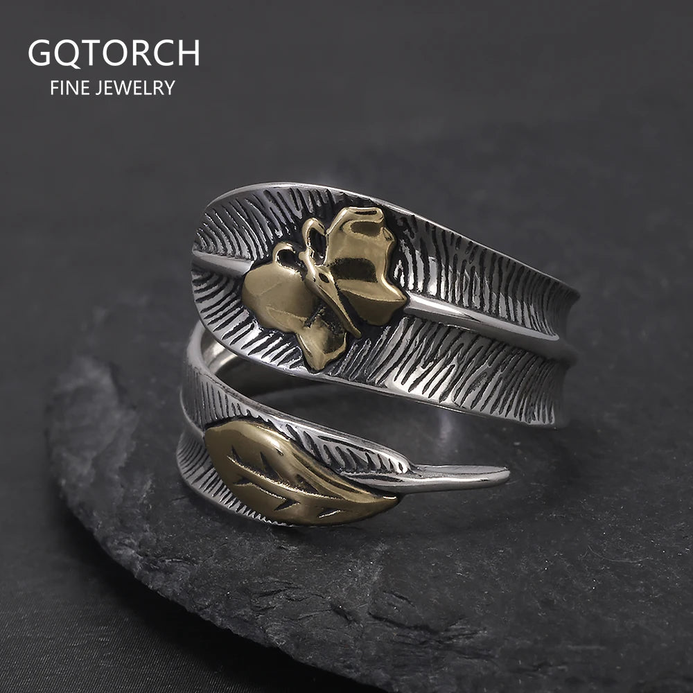 Real 925 Silver Feather Leaf Open Ring for Women Gold Butterfly Fashion Bohemia Vintage Retro Adjustable Fashion Party Jewelry